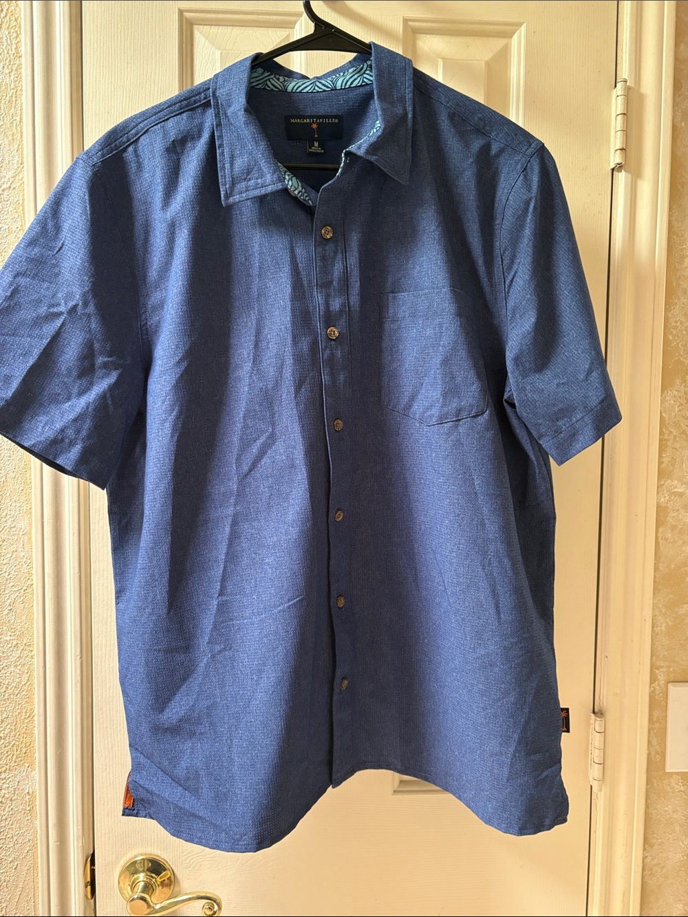 Margaritaville Men's Heathered Navy Button-Down Shirt with Mint Patterned Trim